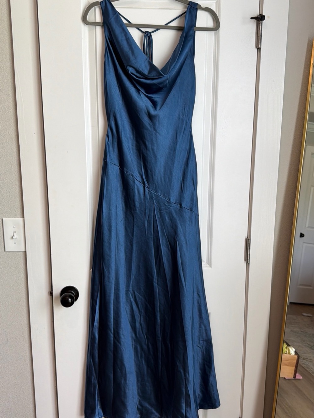 Selfie Leslie Navy Blue Satin Cowl Neck Back Evening Dress